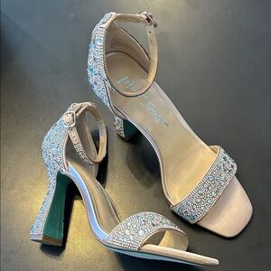 Betsey Johnson Blush Pink Crystal Ankle-Strap Block Heels